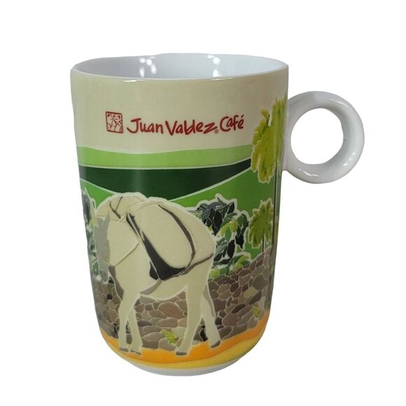 Juan Valdez Cafe Mountains Mug Green 4" Circle Handle Fields Burro Donkey Farmer - Picture 1 of 10